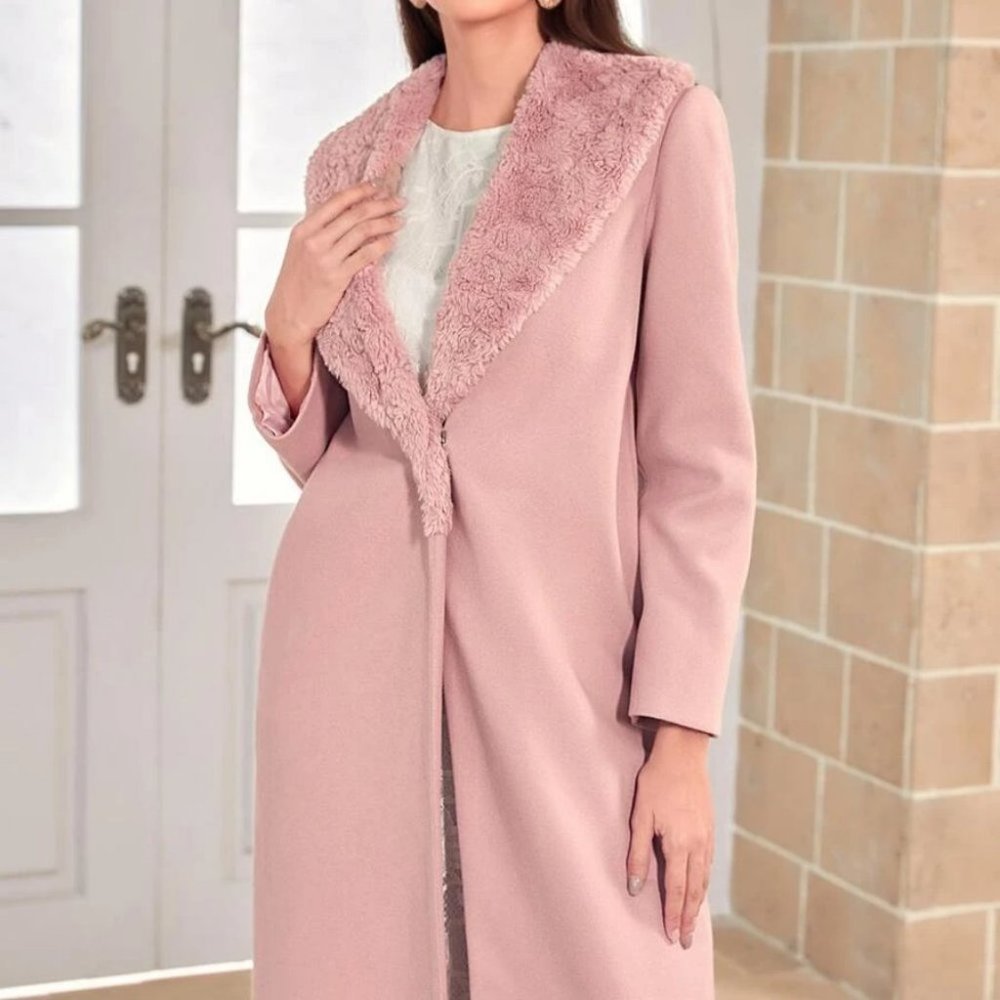 Faux Fur neckline Collar Overcoat Jacket Pink - Picture 4 of 6